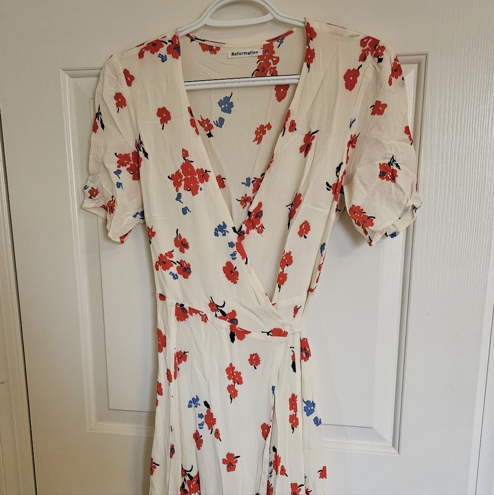 Reformation Cream Floral Midi Dress with Red and Blue